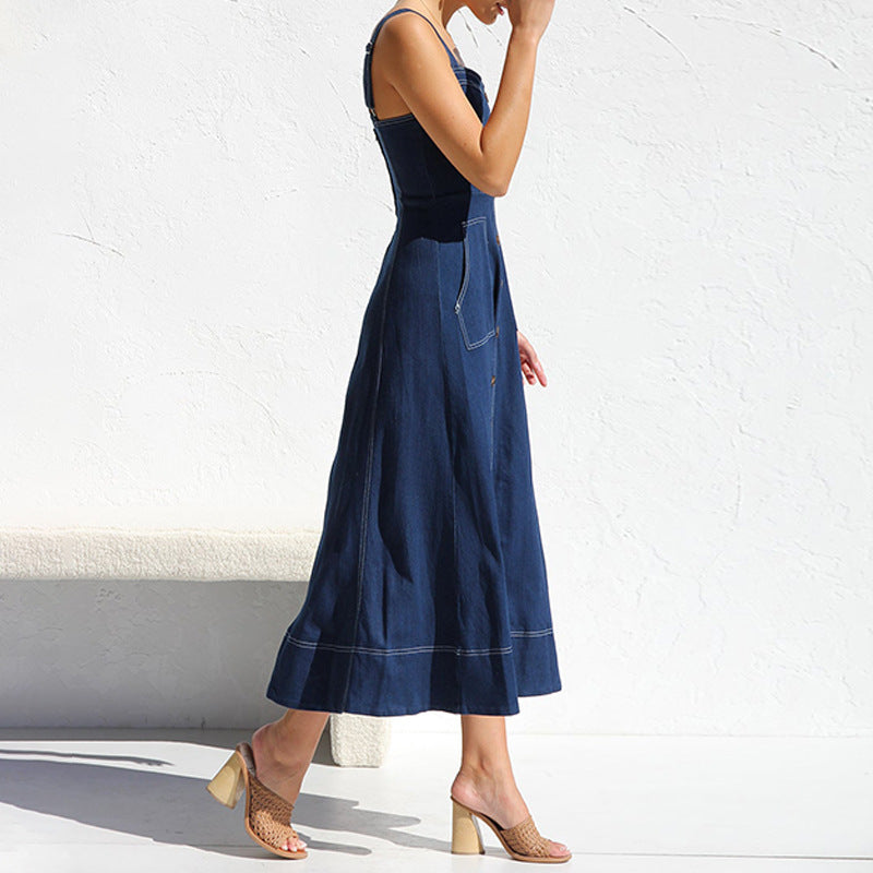 Sling Distressed Casual Style Button Denim Long Dress