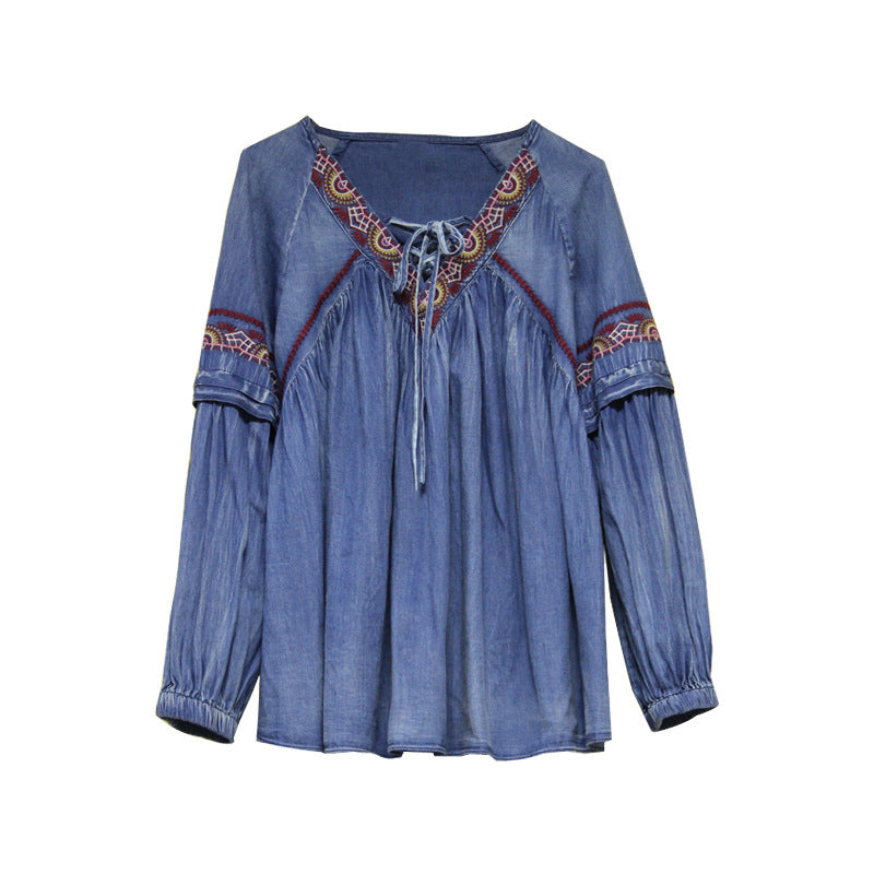 Denim Retro Embroidery Strap Blouse