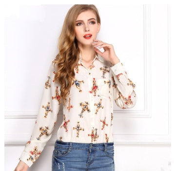 Lapel long sleeve lip print bottoming Chiffon Blouse