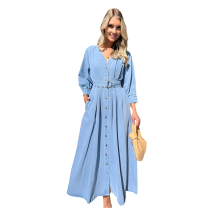 Button Down Denim Dress with Lace Up Waist Trim