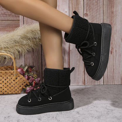 Lace-up Snow Flat Thick-soled Cotton Boots - Magic Moon Store