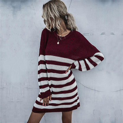 Long-sleeved Striped Round Neck Knitted Sweater Dress