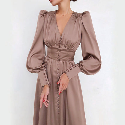 Satin Sense Lantern Sleeve Tight Waist Dress