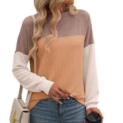 Three-tone long-sleeved loose t-shirt