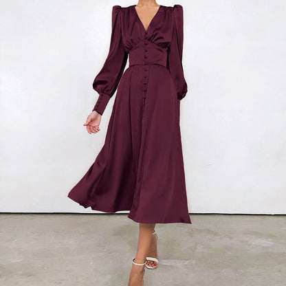 Satin Sense Lantern Sleeve Tight Waist Dress