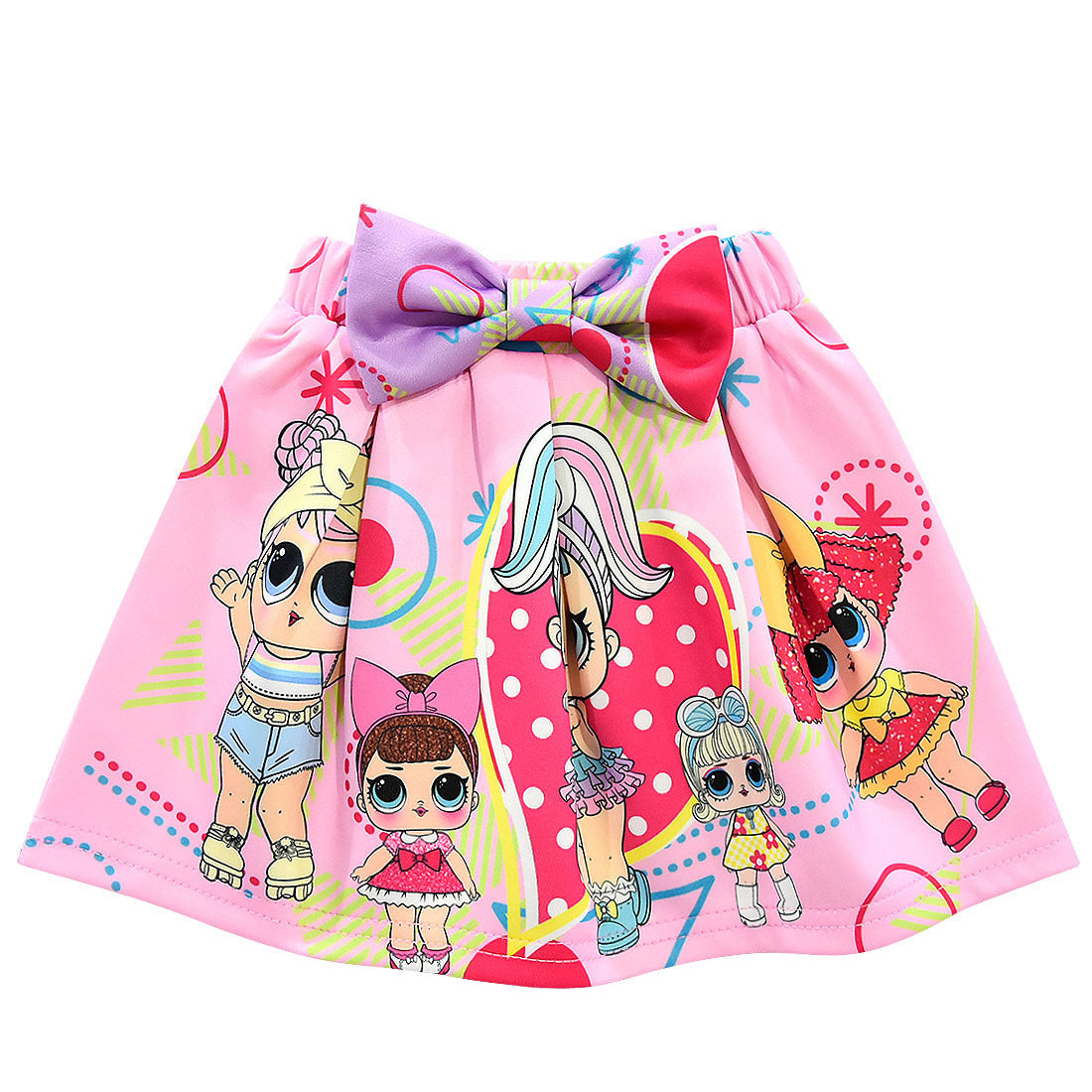 Girls Cartoon Printed Short Sleeves And Skirt Pink Doll Suit