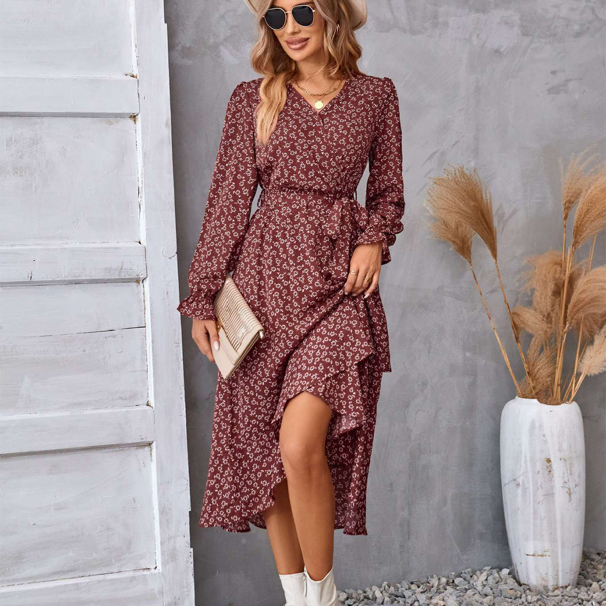 Flowers Print Long Sleeve Dress Ruffled