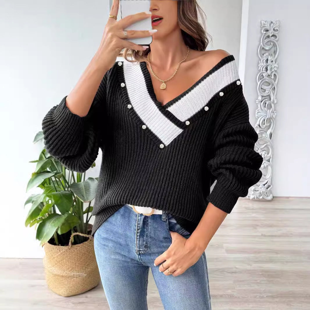 Pearl Beaded Patchwork Sweater - Magic Moon Store