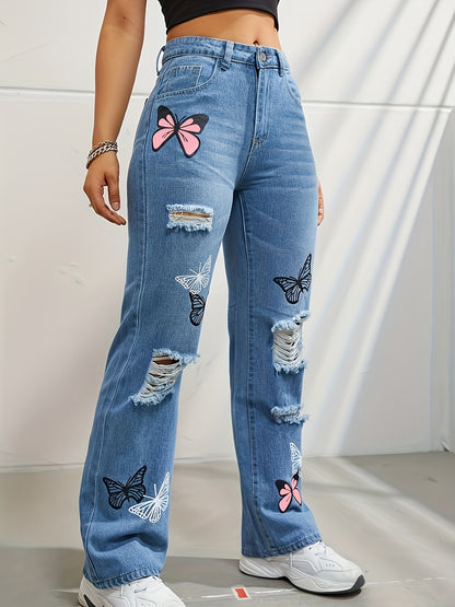 High Waisted Straight Leg Butterfly Jeans