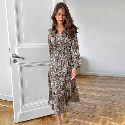 Leopard Print  V-neck Lantern Sleeve Satin A- Line Dress