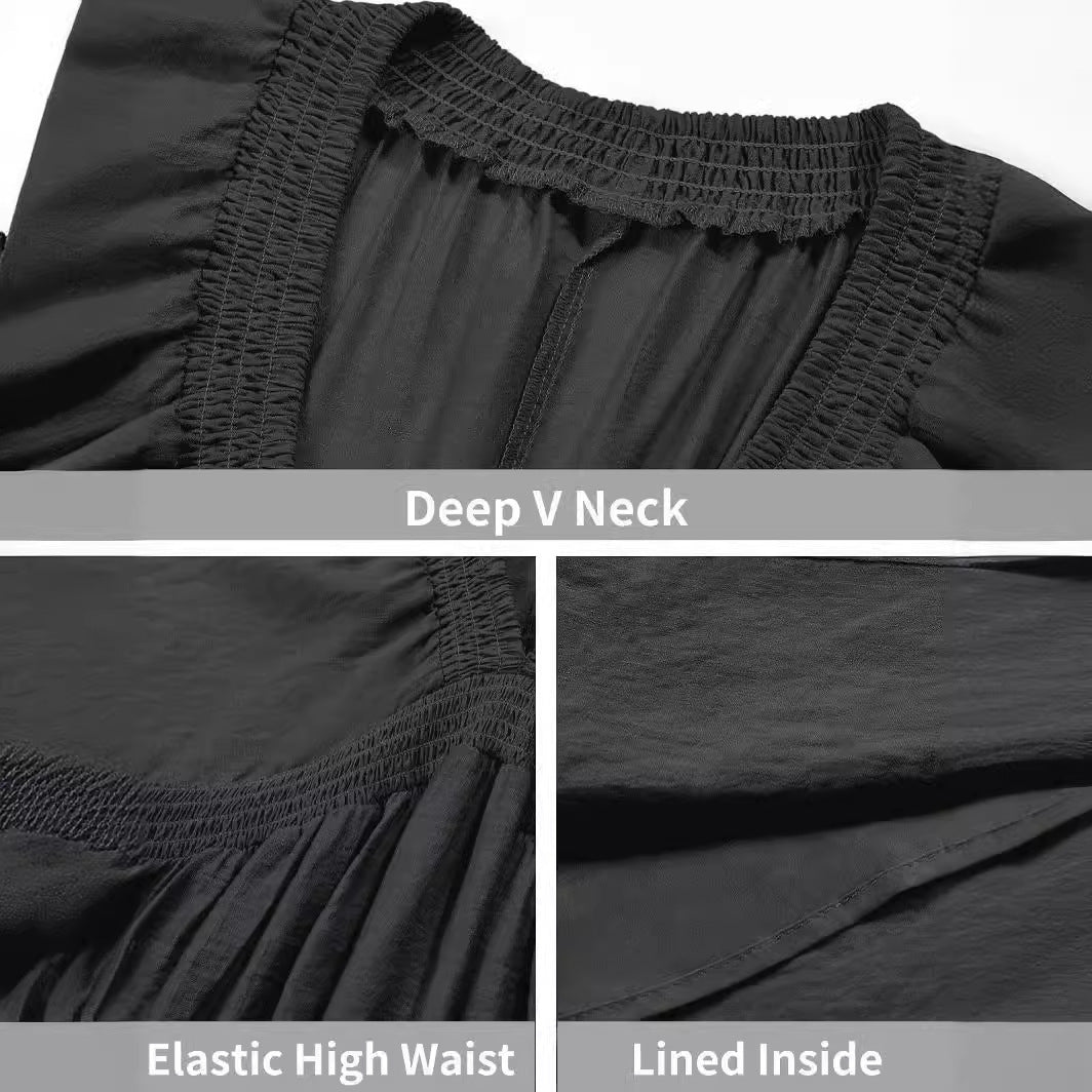 V-neck Long Sleeve Smocking Pleated Dress - Magic Moon Store