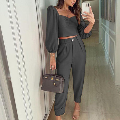 Long Sleeve Top High Waist Ankle-tied Trousers Set