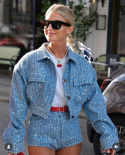 Denim Sequined Jacket & Shorts Pants