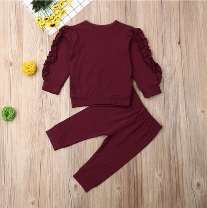 Conjunto de 2 piezas de ropa para bebés recién nacidos, niños y niñas, jersey con volantes, sudadera de manga larga lisa, pantalones, ropa de otoño