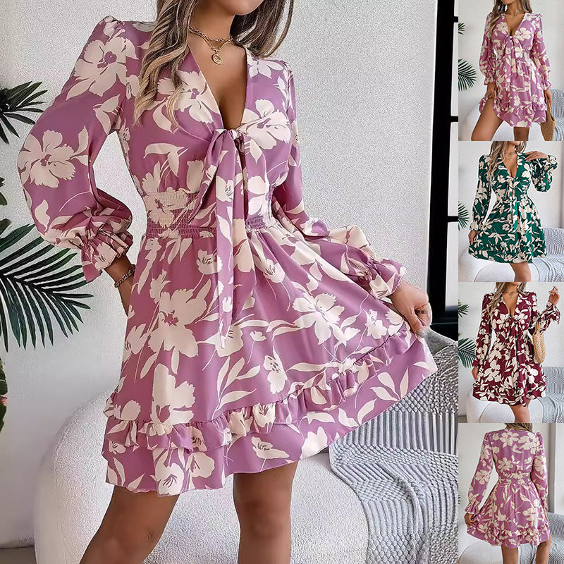 Floral V-Neck Long Sleeve Dress Fashion Ruffles Bowknot A-Line