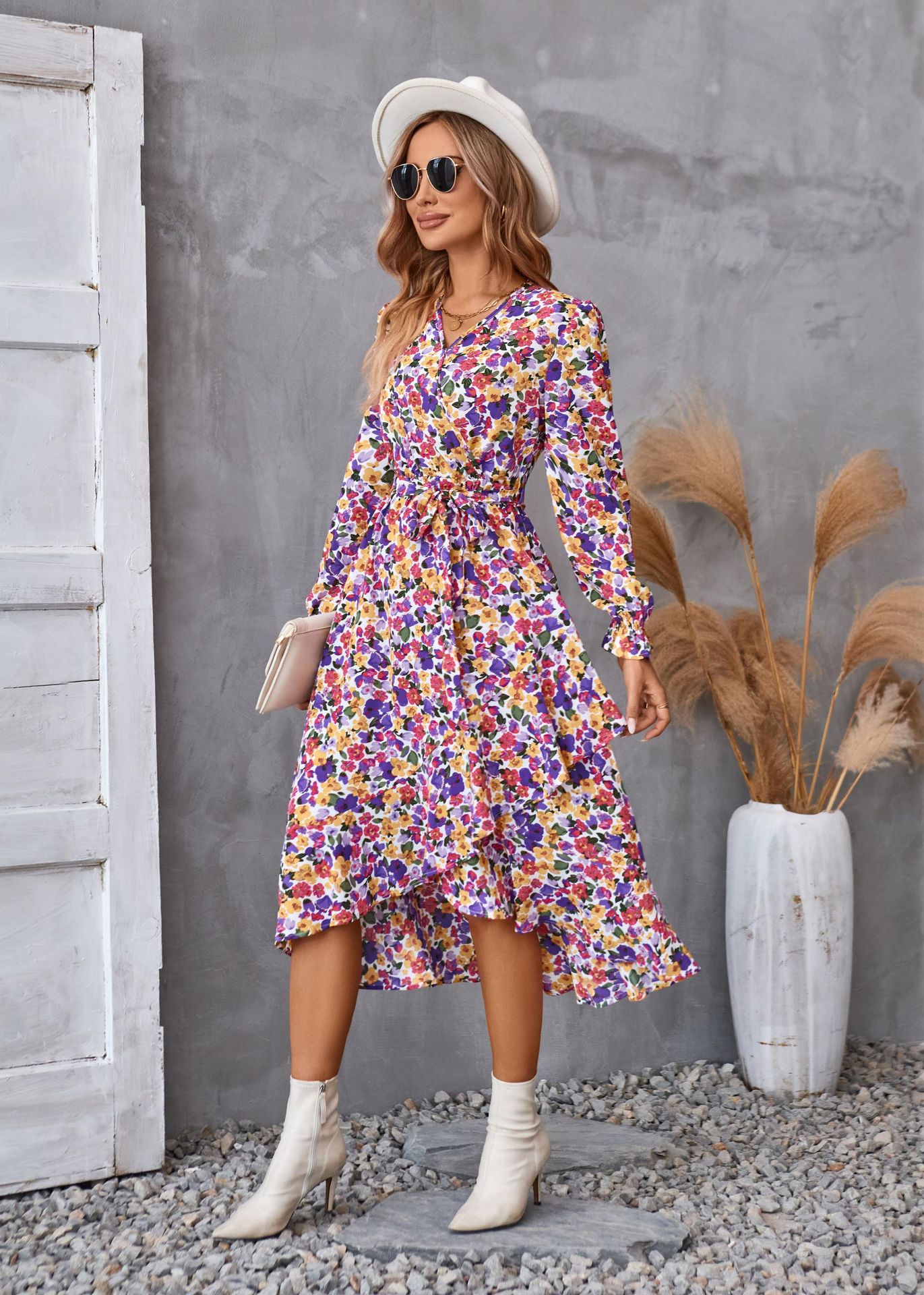 Flowers Print Long Sleeve Dress Ruffled