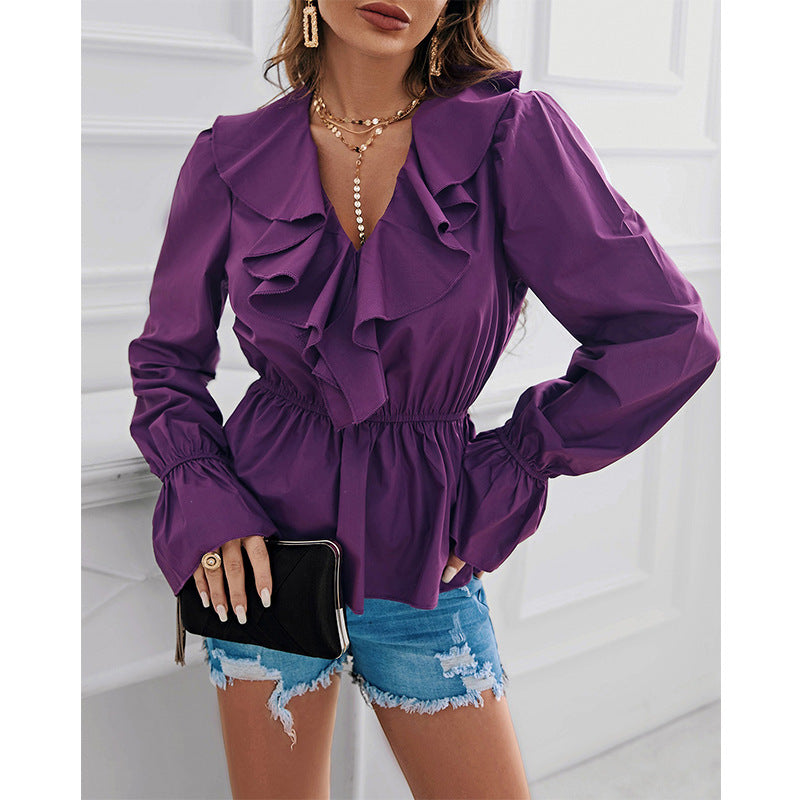 Ruffled V-neck Bottoming Purple Blouse