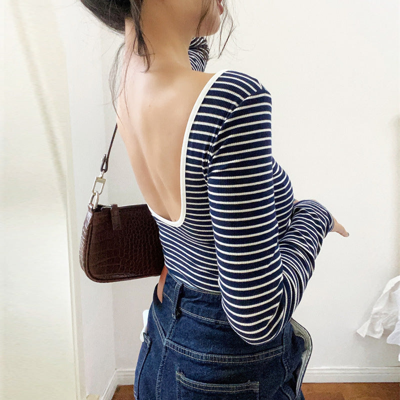 Long-sleeved Striped T-shirt Collar Back