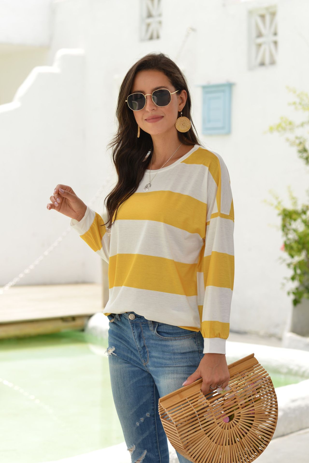 Horizontal Stripe Simple Round Neck T Shirt