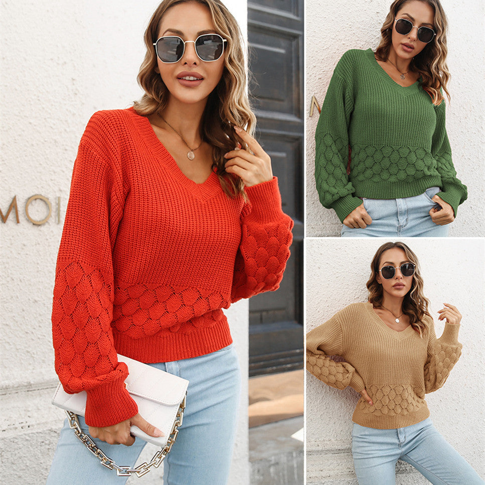 Loose Lantern Sleeve V Neck Sweater - Magic Moon Store