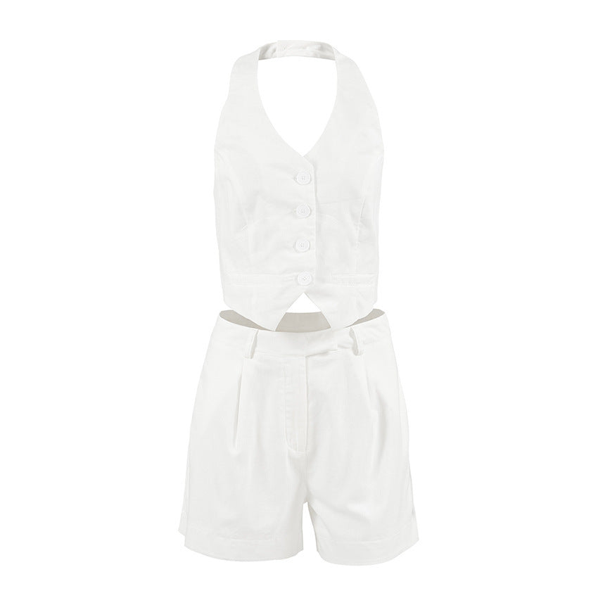 Halter Cotton And Linen Vest & Shorts Set