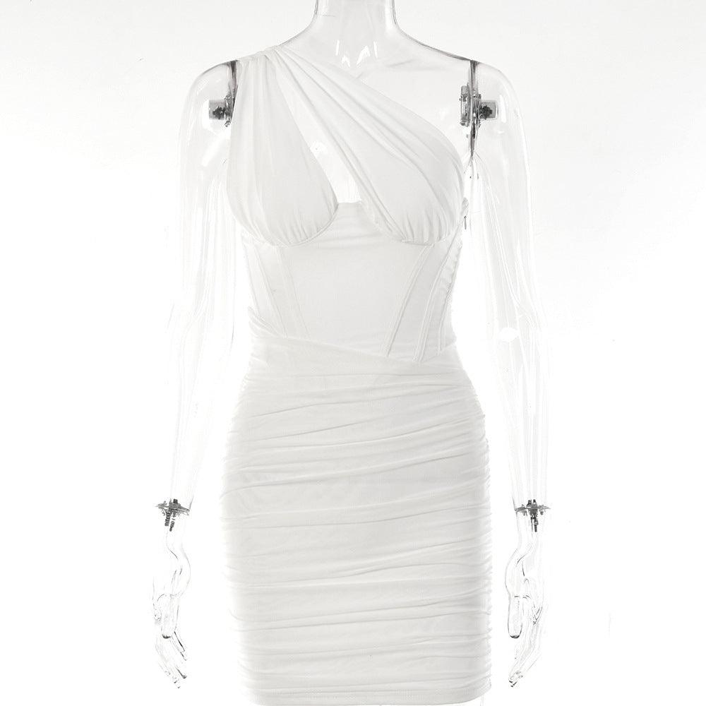 Elegant white pleated mini dress with one-shoulder design displayed on a clear mannequin.