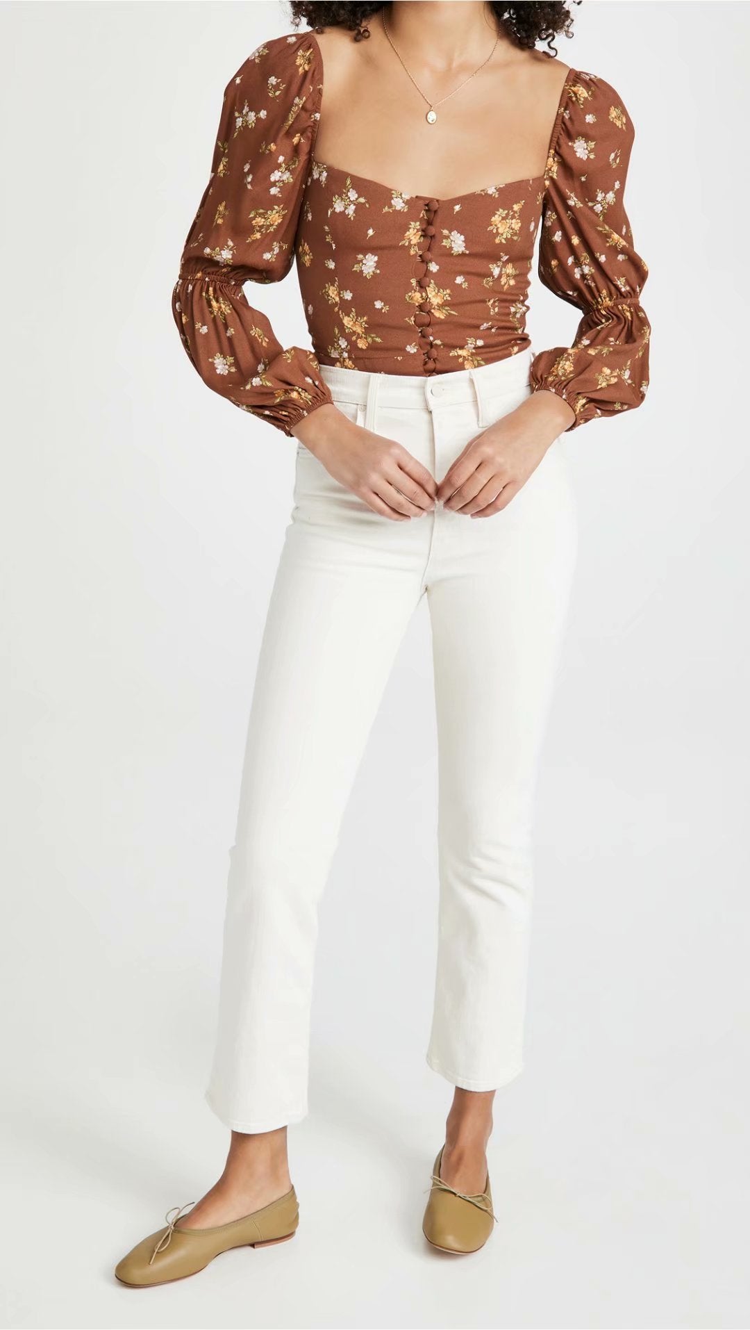 Slim Fit Long Sleeve Printed Brown Floral Blouse - Magic Moon Store