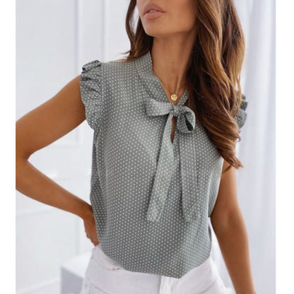 Polka Dot Bow Neck Sleeveless Blouse