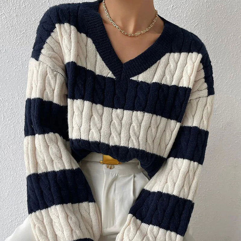 V-neck Long Sleeve Striped All-matching Sweater - Magic Moon Store