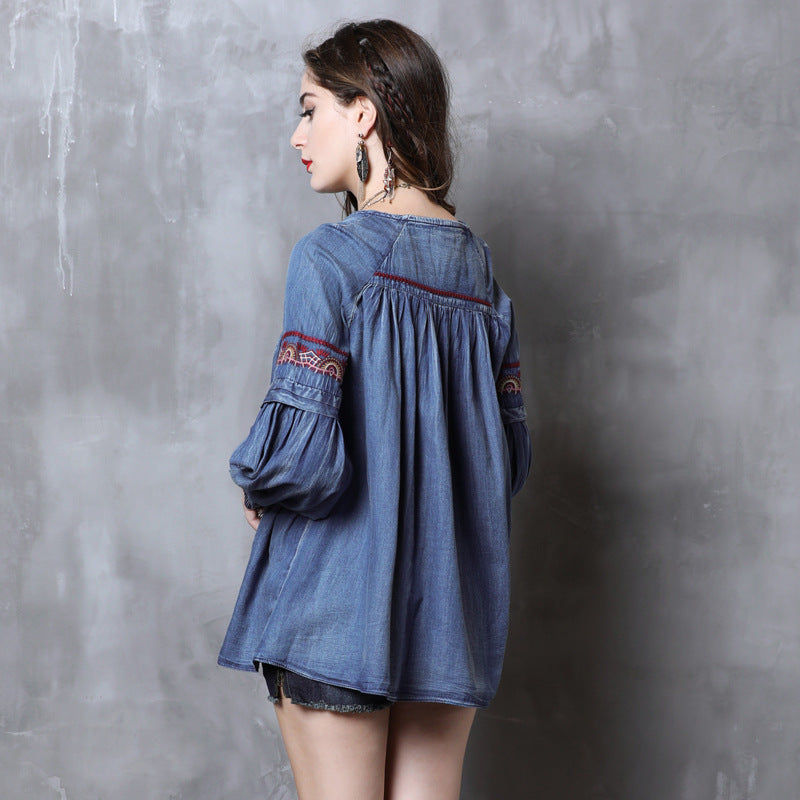 Denim Retro Embroidery Strap Blouse