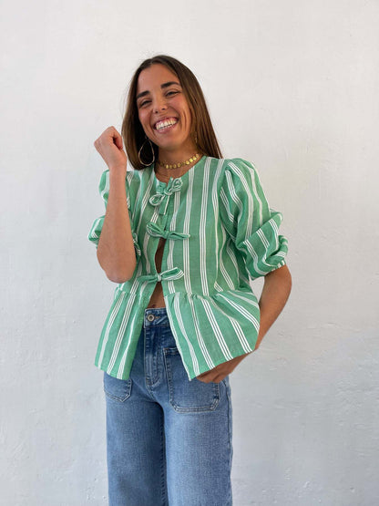 Striped Women's Top Tether Loose Pleated Shirt