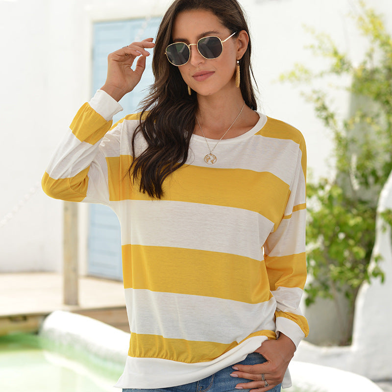 Horizontal Stripe Simple Round Neck T Shirt