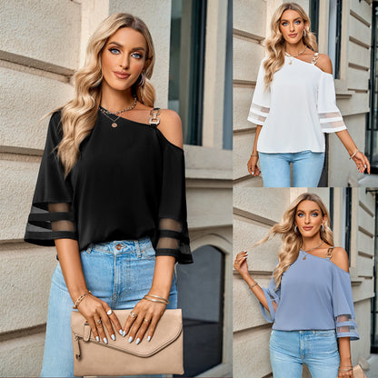 Casual Metal Buckle Shoulder Blouse