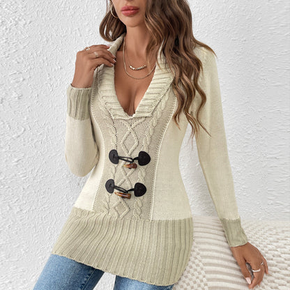 Slim-fit V-neck Mid-length Twisted Pullover Sweater