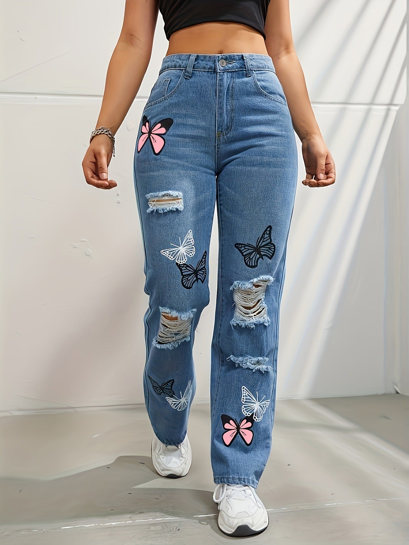 High Waisted Straight Leg Butterfly Jeans