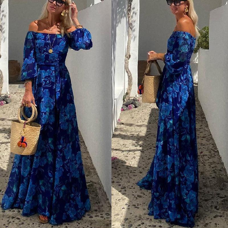 Printed blue pattern Large Swing Maxi Dress