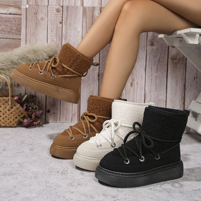 Lace-up Snow Flat Thick-soled Cotton Boots - Magic Moon Store