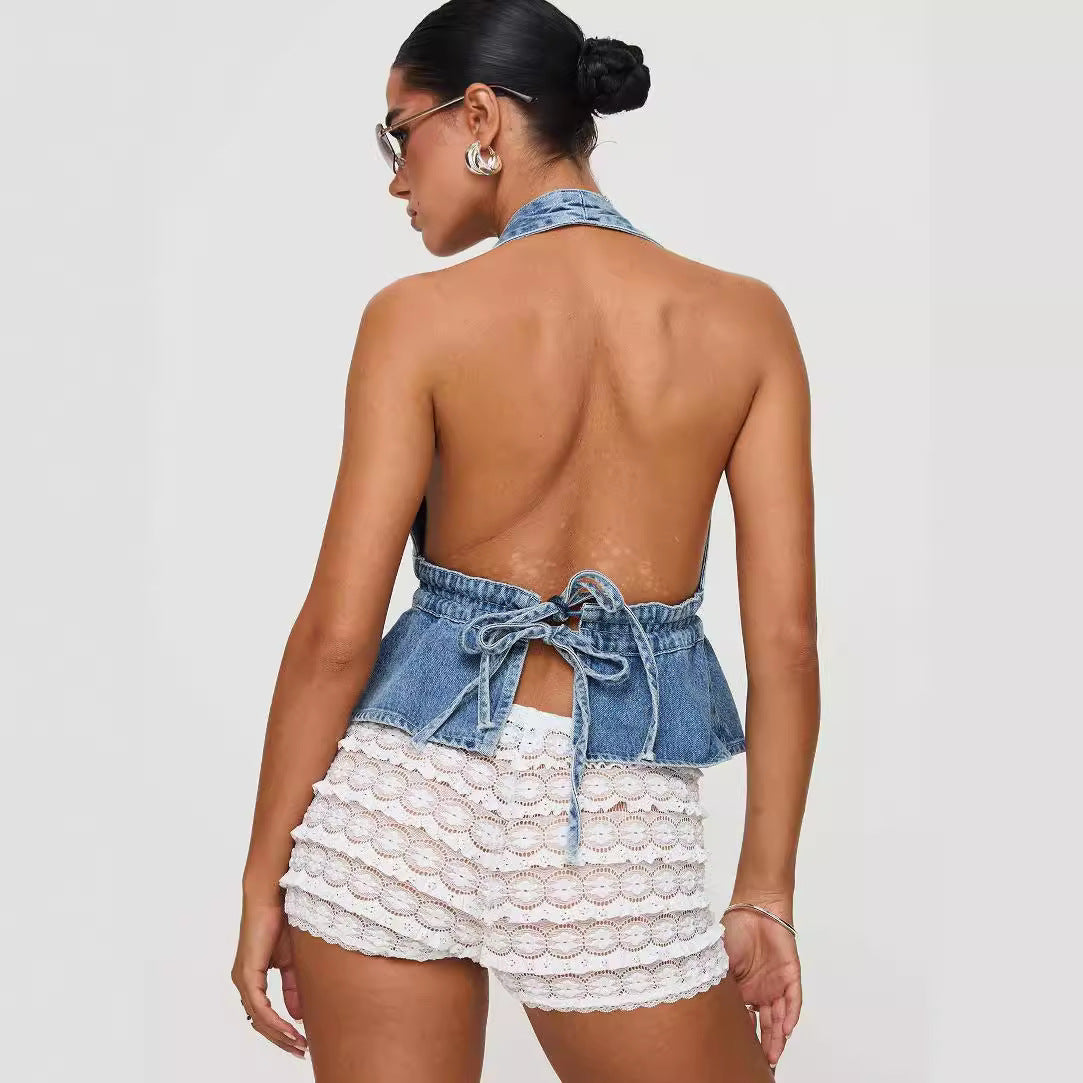 Exposed Back Halter Lace-up Denim Top