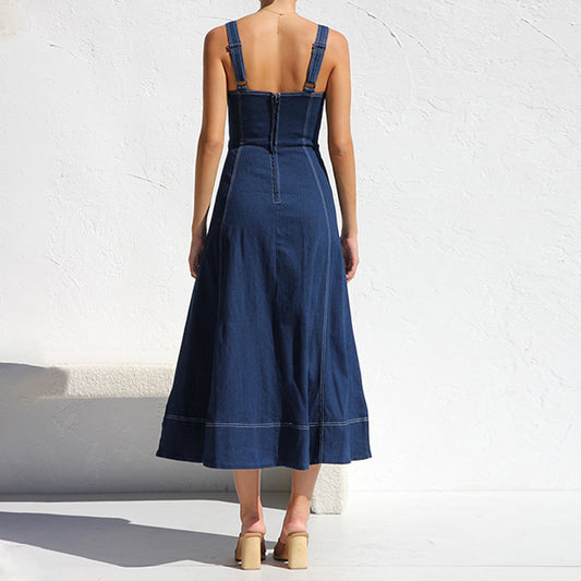 Sling Distressed Casual Style Button Denim Long Dress