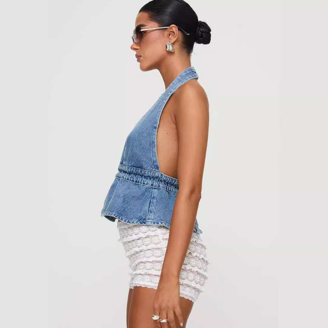 Exposed Back Halter Lace-up Denim Top