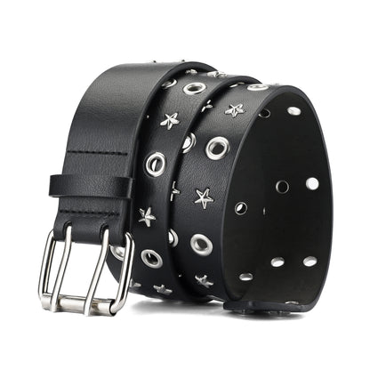 Punk Double Pin Buckle Five star Leather Black Belt