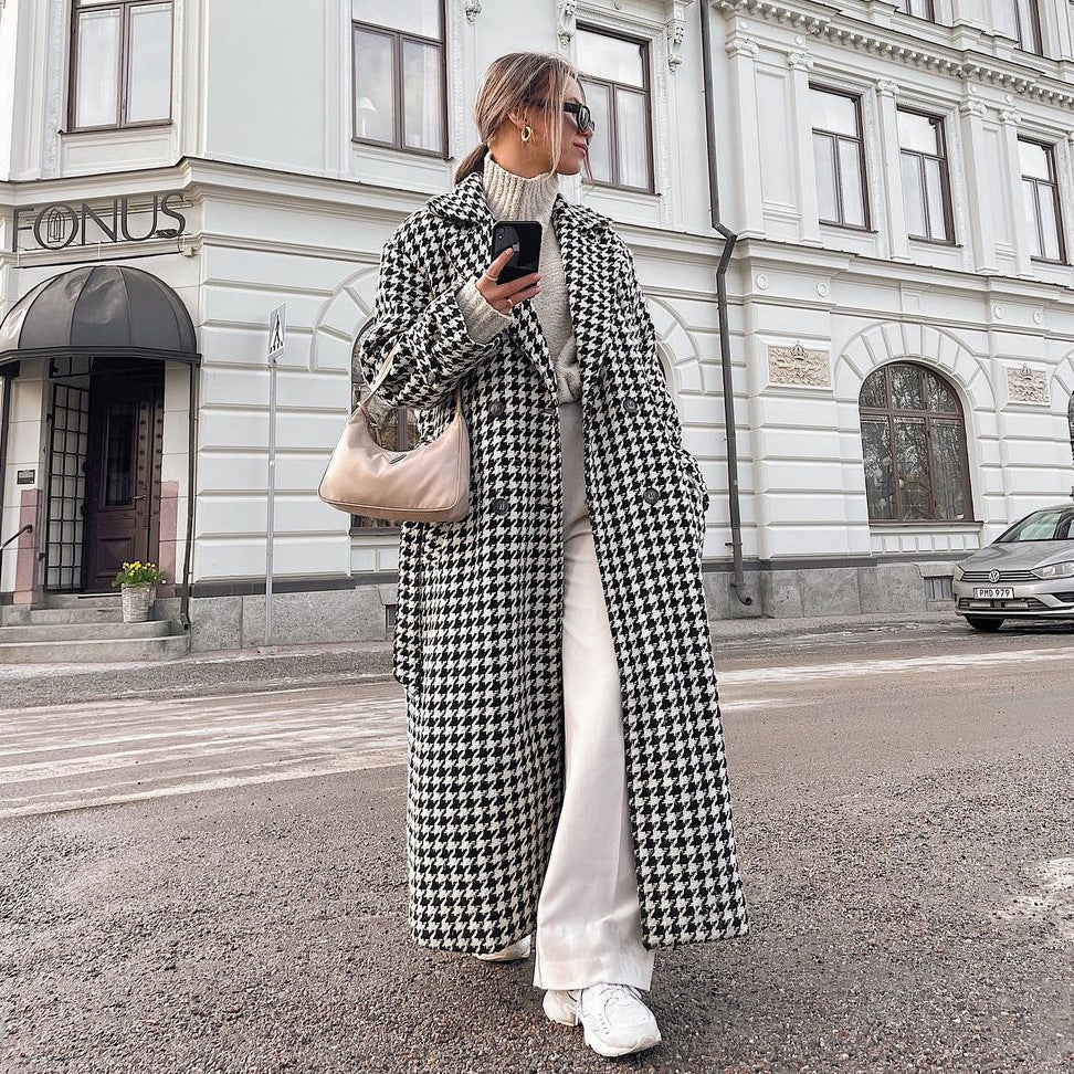 Houndstooth Long Trench Coat - Magic Moon Store