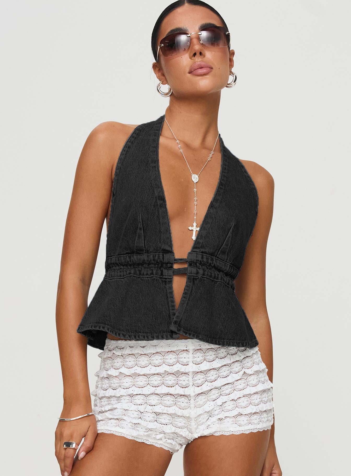 Exposed Back Halter Lace-up Denim Top