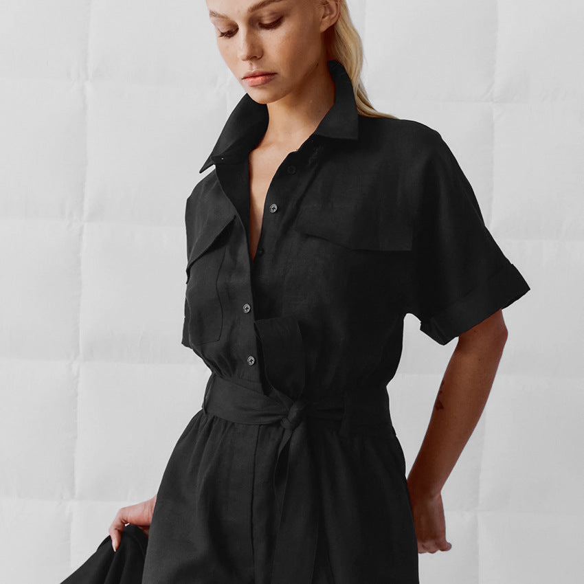 Retro Jumpsuit Short Sleeve Lapel Wide Leg - Magic Moon Store