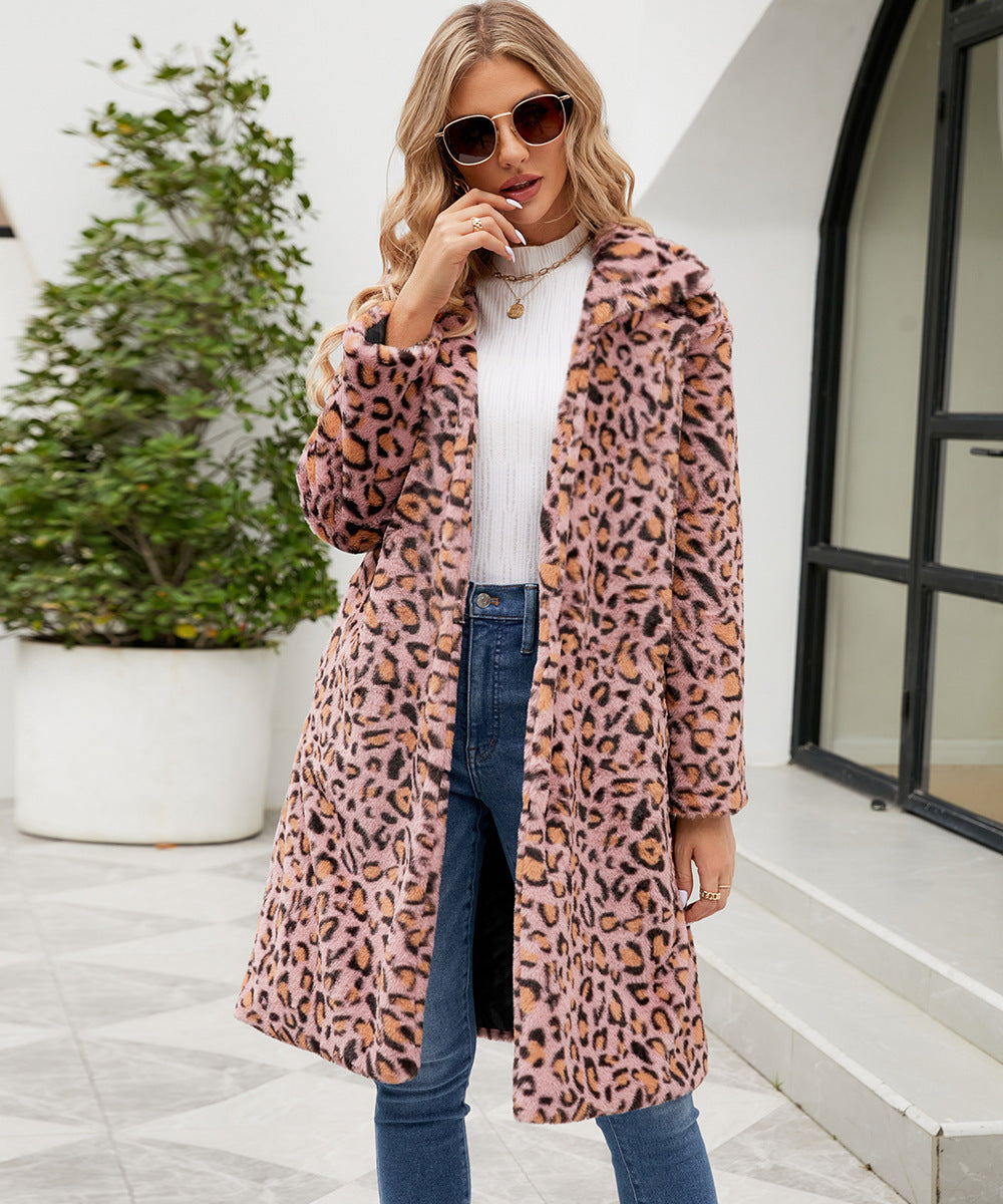 Leopard Print Imitation Fur Plush Lapel Coat - Magic Moon Store