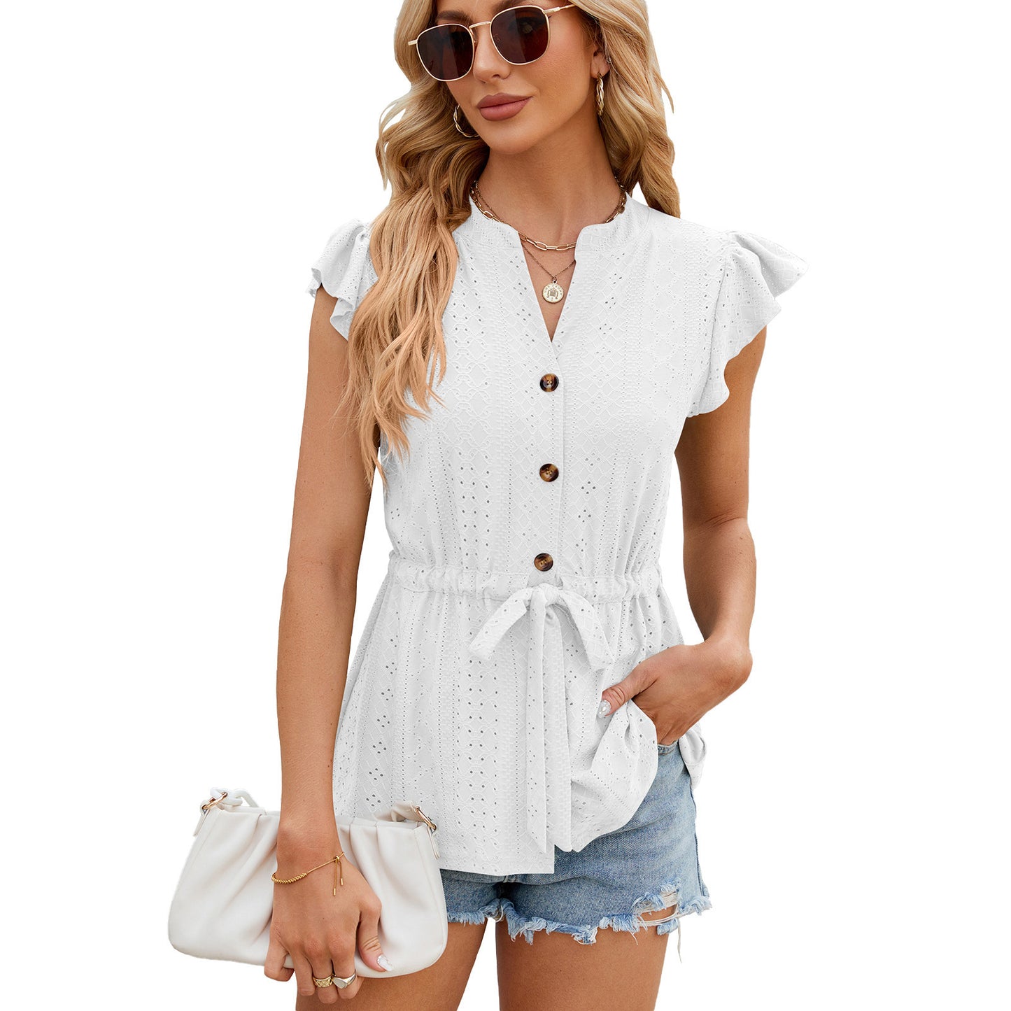 Solid Color Buttons Lace-up Loose Blouse