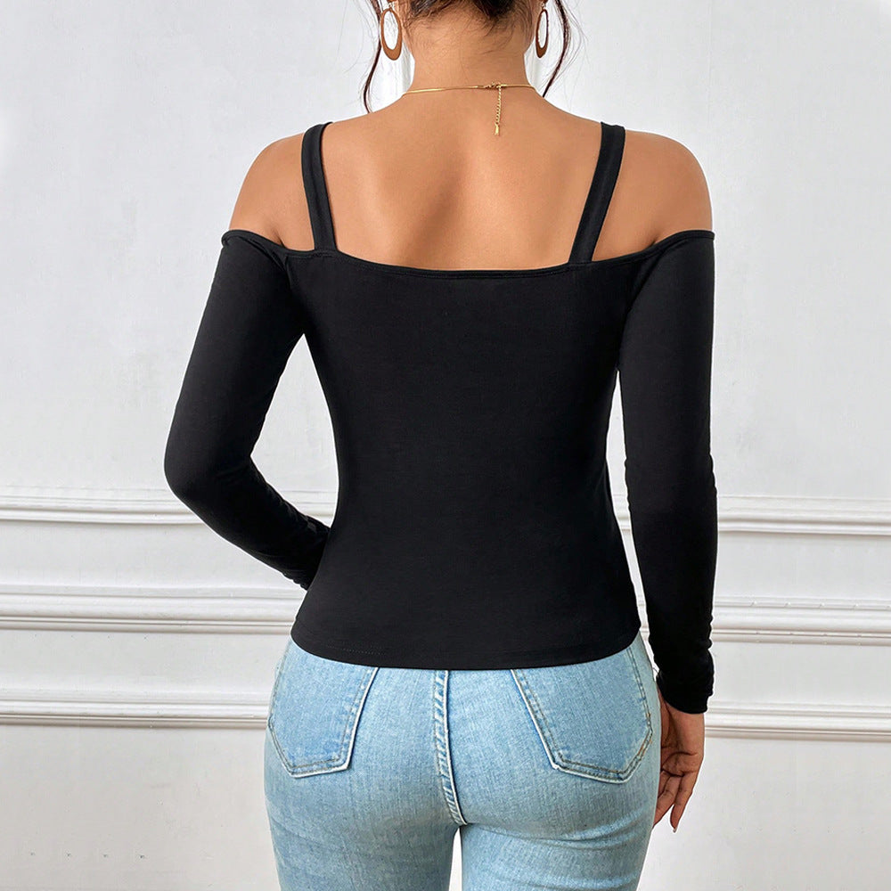 Women's Simple Suspender Off-Shoulder Metal Hook Long-Sleeved Top