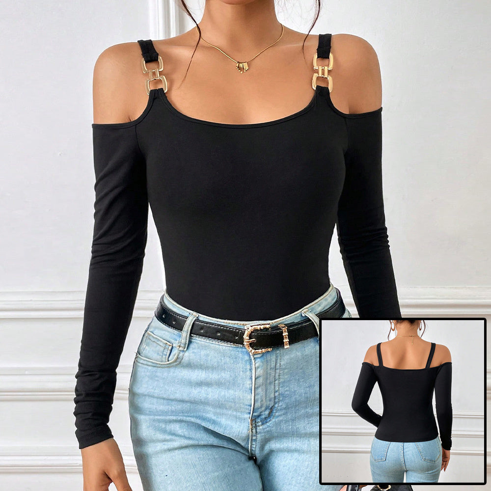 Women's Simple Suspender Off-Shoulder Metal Hook Long-Sleeved Top