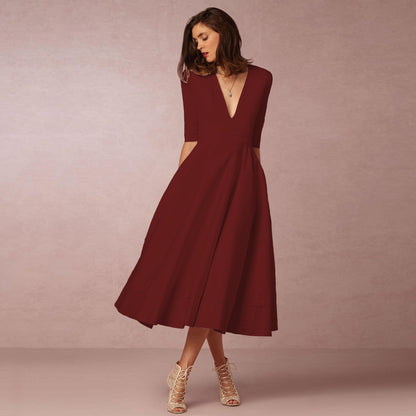 Deep V- Neck Mid-sleeve Large Swing Dress