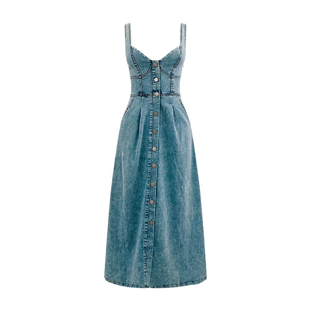 Denim Buckle Strap Midi Dress